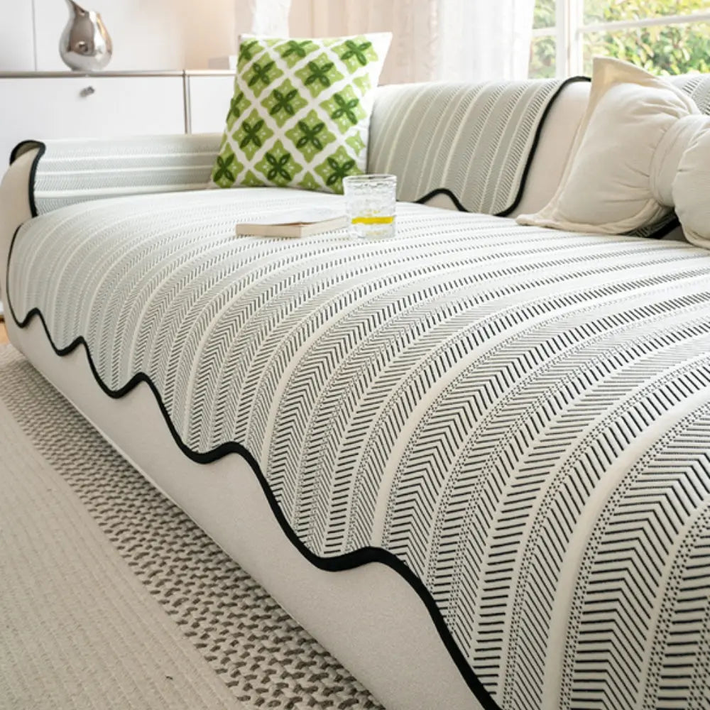 Cooling Herringbone Sofa Cover with Scalloped Trim, Anti Slip Microfiber | Lightweight Sofa and Bed Throw | Sofa Covers