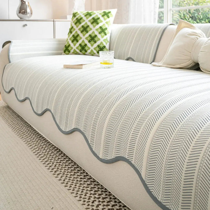 Cooling Herringbone Sofa Cover with Scalloped Trim, Anti Slip Microfiber | Lightweight Sofa and Bed Throw | Sofa Covers