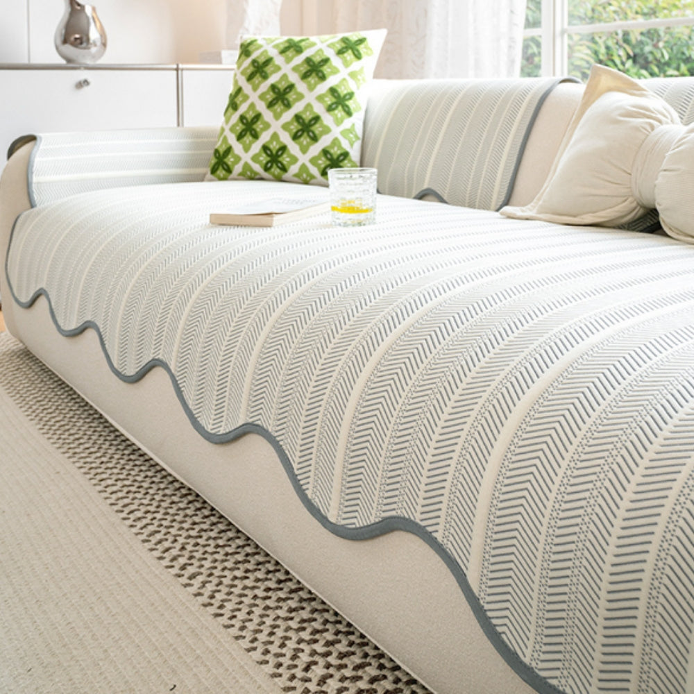 Scallop Edge Herringbone Non-Slip Sofa Cover in Soft Fabric | A Scalloped Edge That Stays in Place | Sofa Covers