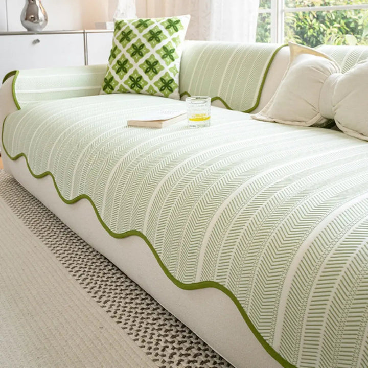 Cooling Herringbone Sofa Cover with Scalloped Trim, Anti Slip Microfiber | Lightweight Sofa and Bed Throw | Sofa Covers