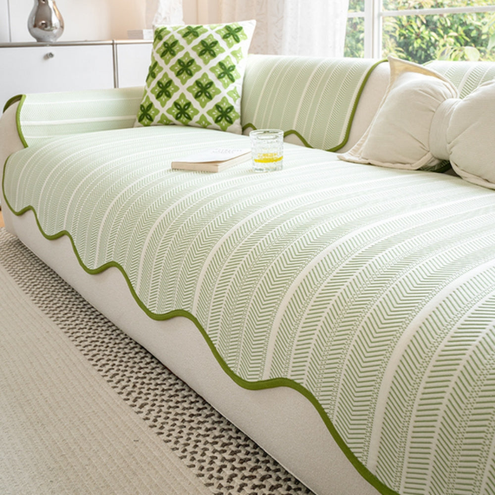 Scallop Edge Herringbone Non-Slip Sofa Cover in Soft Fabric | A Scalloped Edge That Stays in Place | Sofa Covers