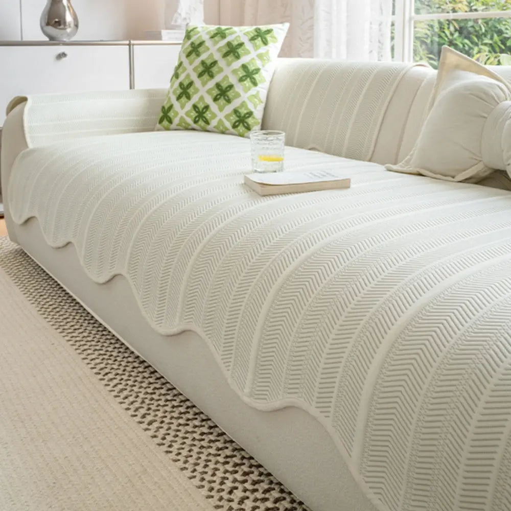 Cooling Herringbone Sofa Cover with Scalloped Trim, Anti Slip Microfiber | Lightweight Sofa and Bed Throw | Sofa Covers