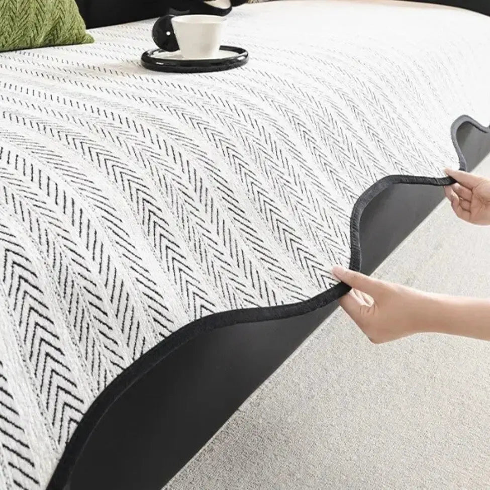 Cooling Herringbone Sofa Cover with Scalloped Trim, Anti Slip Microfiber | Lightweight Sofa and Bed Throw | Sofa Covers