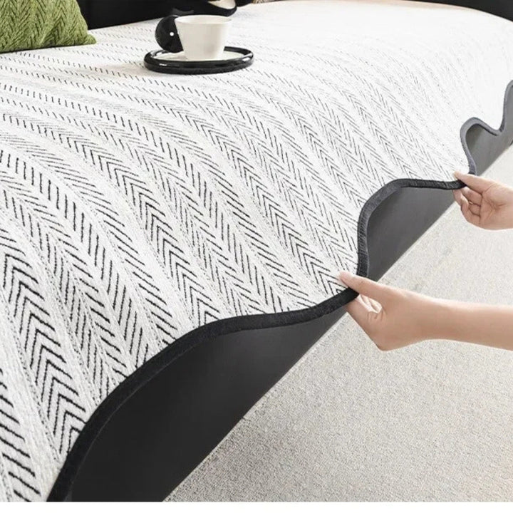 Scallop Edge Herringbone Non-Slip Sofa Cover in Soft Fabric | A Scalloped Edge That Stays in Place | Sofa Covers