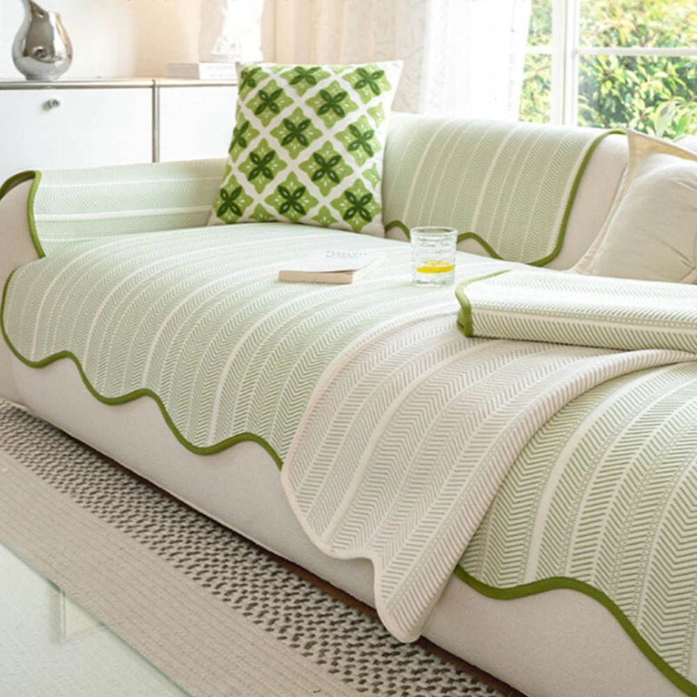 Scallop Edge Herringbone Non-Slip Sofa Cover in Soft Fabric | A Scalloped Edge That Stays in Place | Sofa Covers