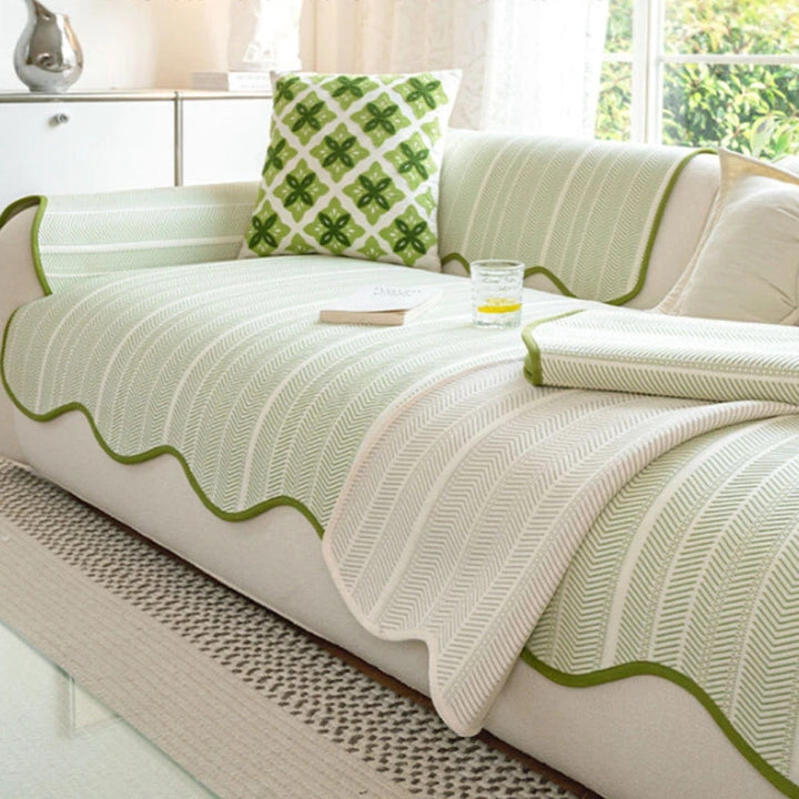Scallop Edge Herringbone Non-Slip Sofa Cover in Soft Fabric | A Scalloped Edge That Stays in Place | Sofa Covers