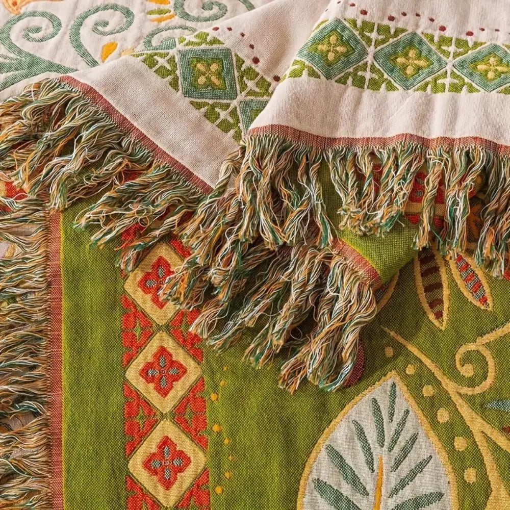 Boho Autumn Leaf Reversible Cotton Gauze Blanket with Tassels | Autumn Leaves on Soft Gauze | Throw Blankets