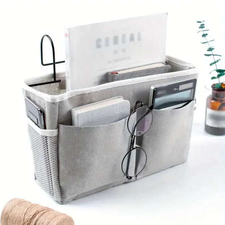 Hanging Bedside Storage Bag in Cotton Linen with Pockets | Keep Essentials Within Reach | Bedside Organizers