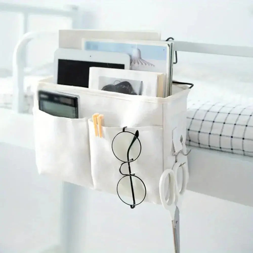 Hanging Cotton Linen Bedside Storage Bag with Multiple Pockets | Bedside Clutter, Neatly Pocketed | Bedside Organisers