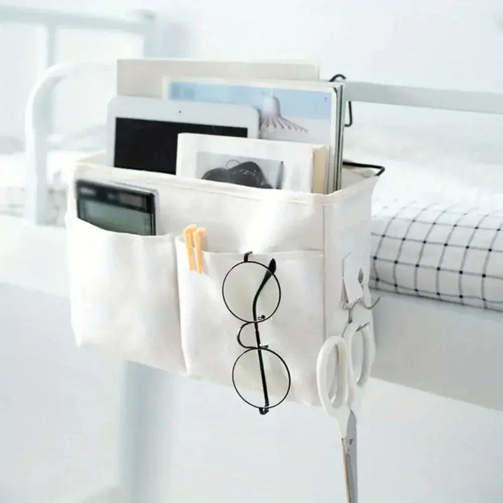 Hanging Bedside Storage Bag in Cotton Linen with Pockets | Keep Essentials Within Reach | Bedside Organizers