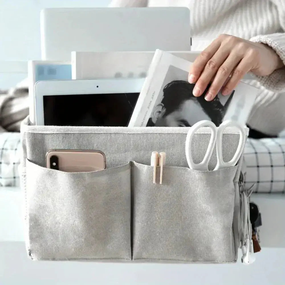 Hanging Cotton Linen Bedside Storage Bag with Multiple Pockets | Bedside Clutter, Neatly Pocketed | Bedside Organisers