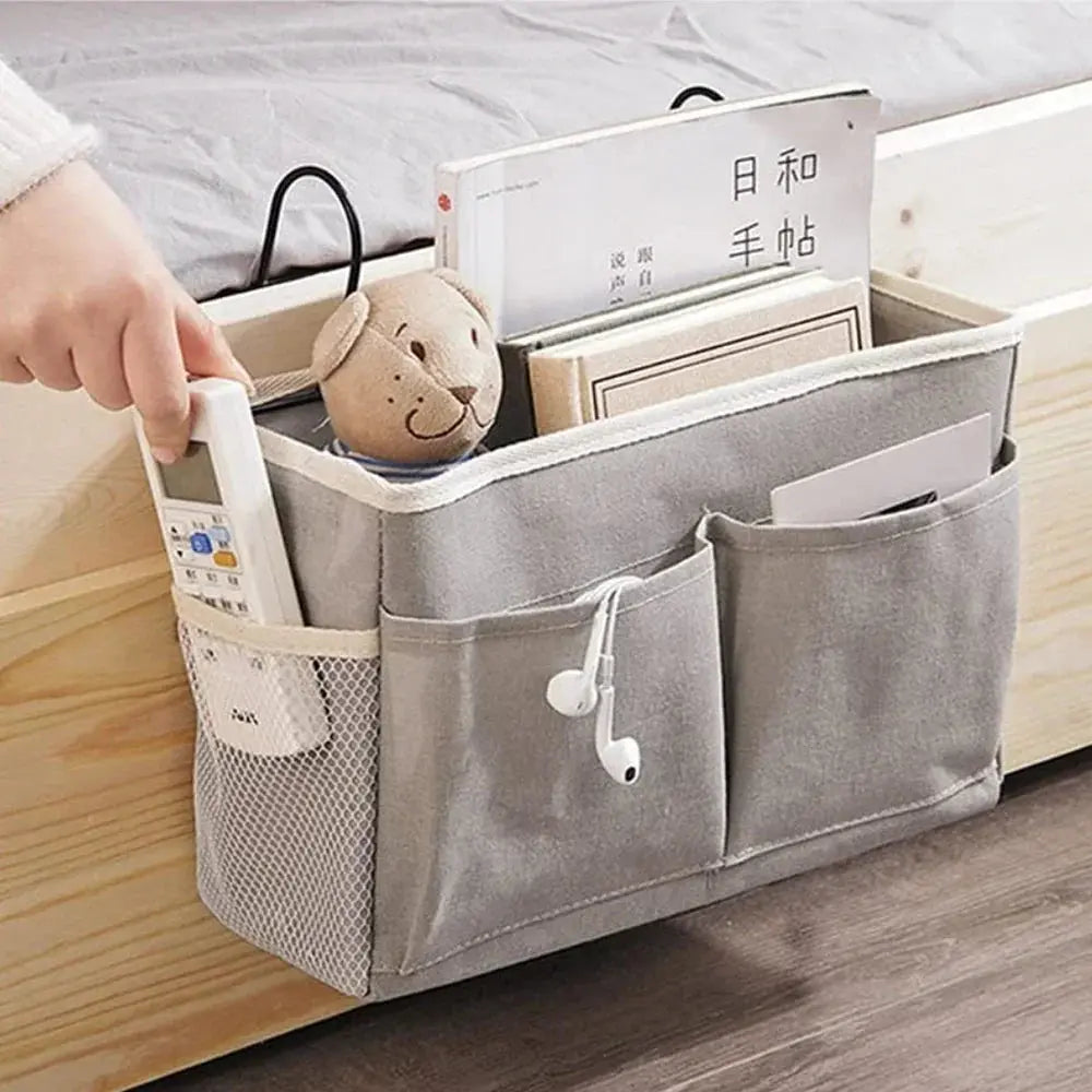 Hanging Bedside Storage Bag in Cotton Linen with Pockets | Keep Essentials Within Reach | Bedside Organizers