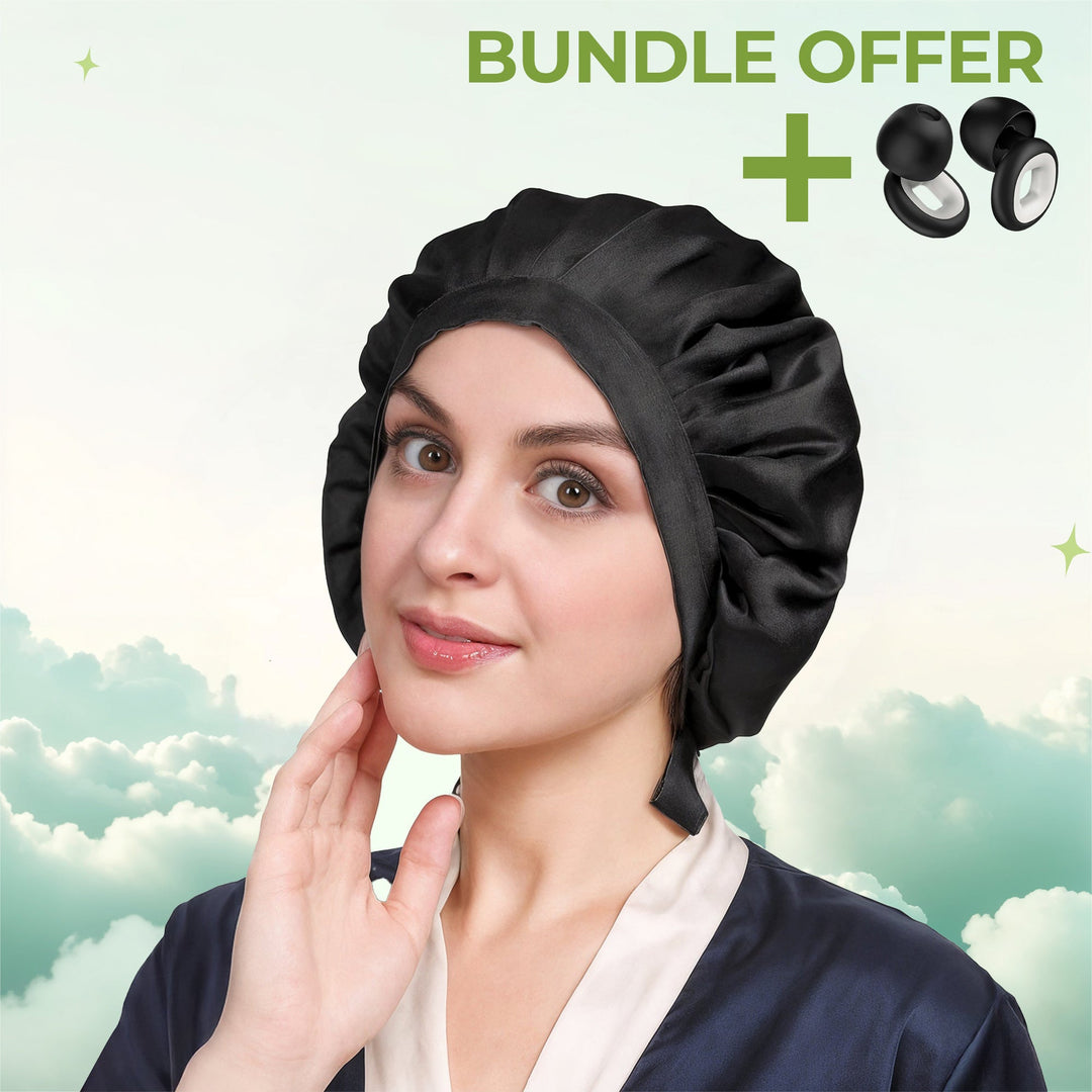 Silk Bonnet and Snore-Friendly Earplug Bundle for Better Nights | Hair-Friendly Bonnet Plus Quiet Plugs | Sleep Accessories