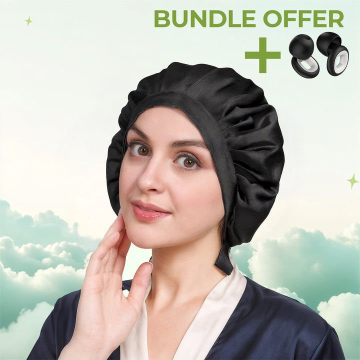 Silk Bonnet and Snore-Friendly Earplug Bundle for Better Nights | Hair-Friendly Bonnet Plus Quiet Plugs | Sleep Accessories