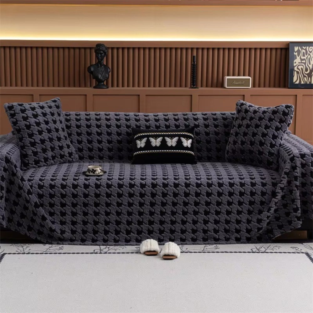 Plush Houndstooth Non-Slip Sofa Cover, 71in Wide in Many Lengths | Houndstooth Grip for Your Sofa | Sofa Covers