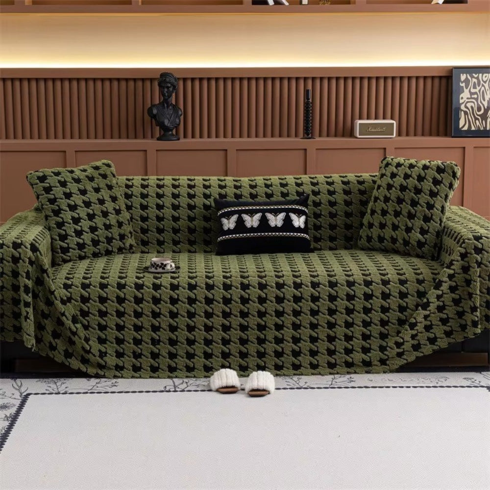 Plush Houndstooth Non-Slip Sofa Cover, 71in Wide in Many Lengths | Houndstooth Grip for Your Sofa | Sofa Covers