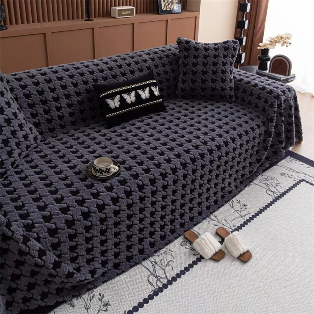Plush Houndstooth Non-Slip Sofa Cover, 71in Wide in Many Lengths | Houndstooth Grip for Your Sofa | Sofa Covers