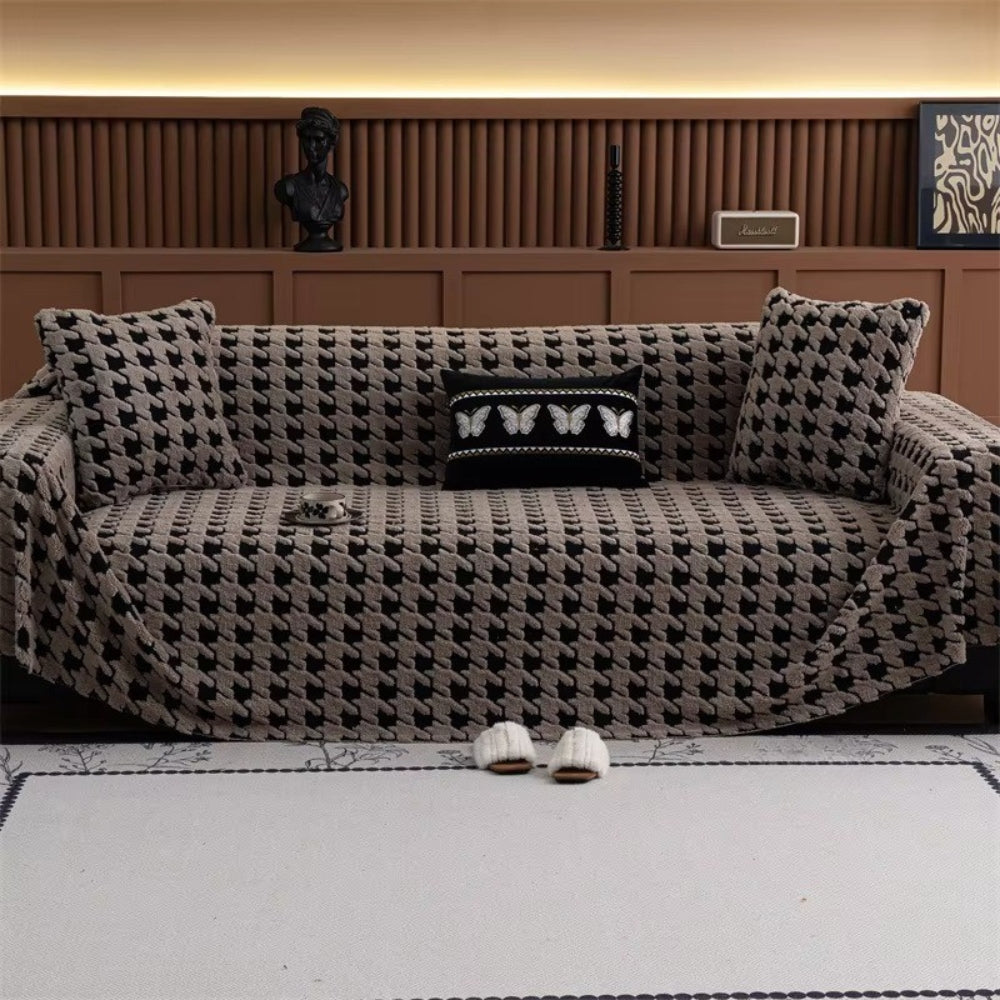 Plush Houndstooth Non-Slip Sofa Cover, 71in Wide in Many Lengths | Houndstooth Grip for Your Sofa | Sofa Covers