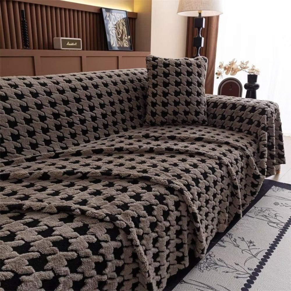Plush Houndstooth Non-Slip Sofa Cover, 71in Wide in Many Lengths | Houndstooth Grip for Your Sofa | Sofa Covers
