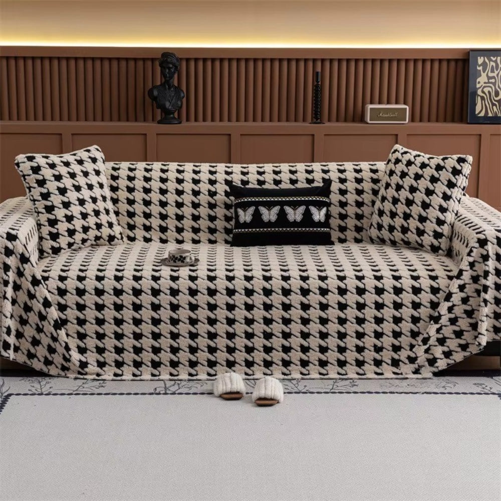 Plush Houndstooth Non-Slip Sofa Cover, 71in Wide in Many Lengths | Houndstooth Grip for Your Sofa | Sofa Covers