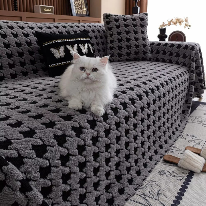 Plush Houndstooth Non-Slip Sofa Cover, 71in Wide in Many Lengths | Houndstooth Grip for Your Sofa | Sofa Covers