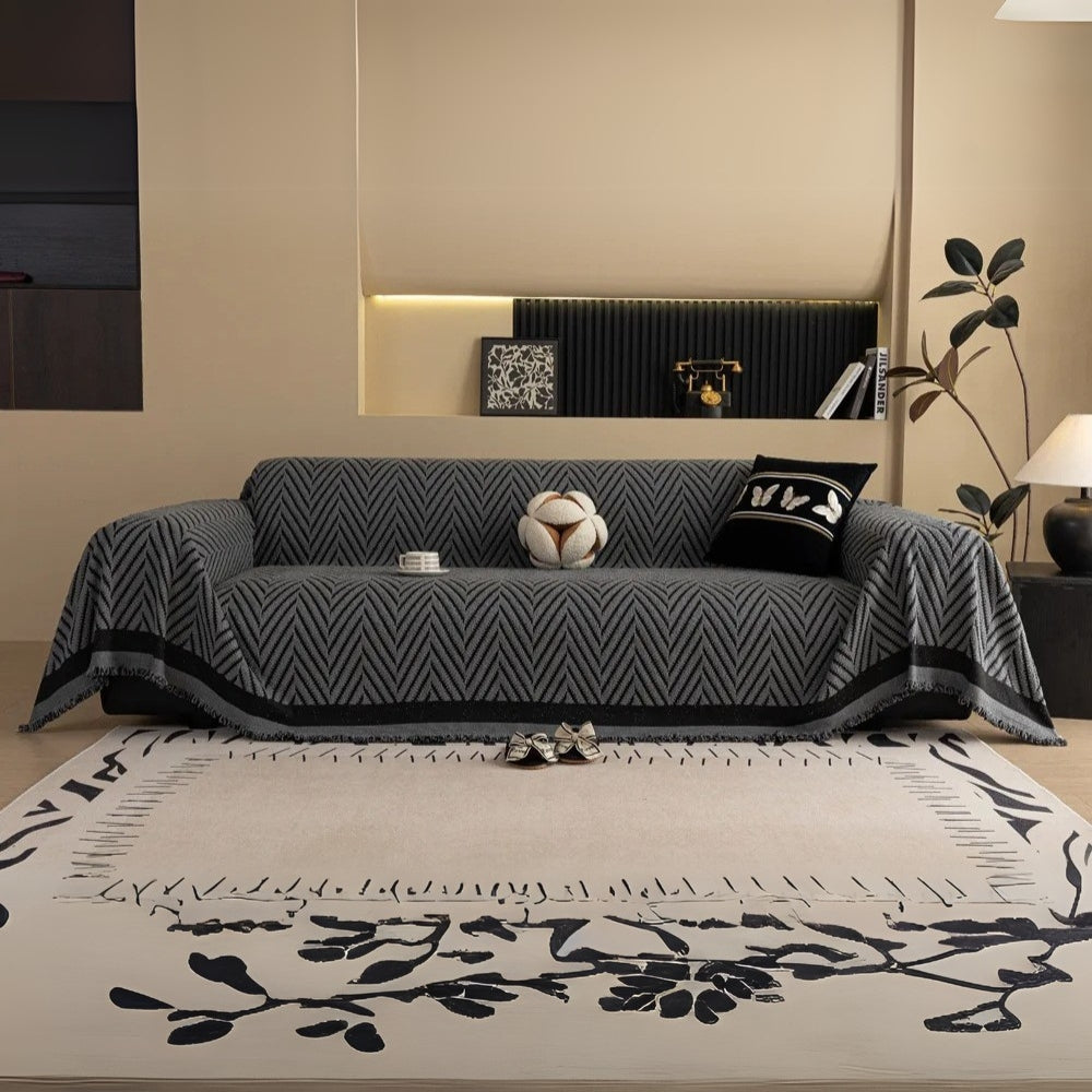 Herringbone Chevron Sofa Cover with Tassels, 71in Wide | Chevron Pattern and Tassels | Sofa Covers