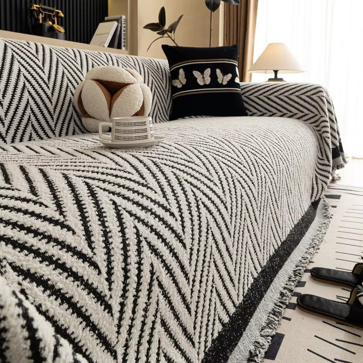 Herringbone Chevron Sofa Cover with Tassels, 71in Wide | Chevron Pattern and Tassels | Sofa Covers