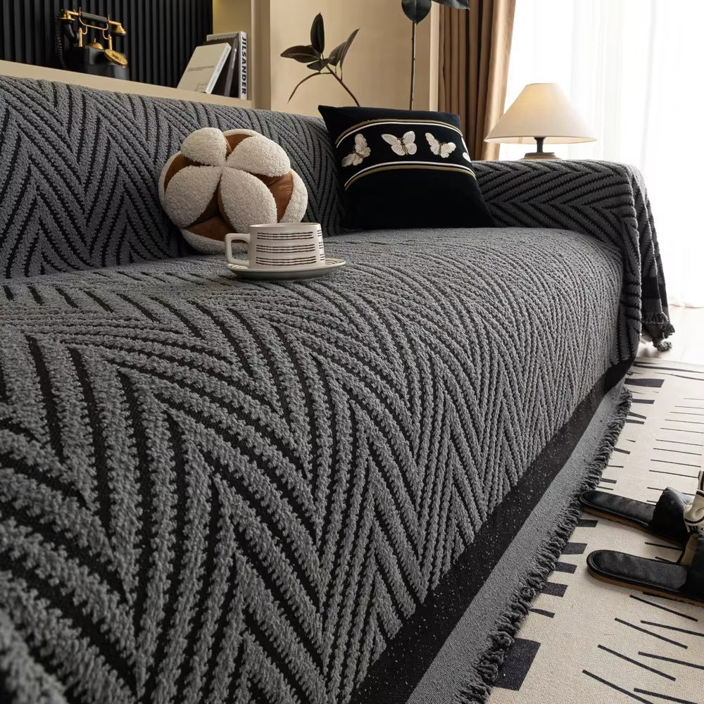 Herringbone Chevron Sofa Cover with Tassels, 71in Wide | Chevron Pattern and Tassels | Sofa Covers