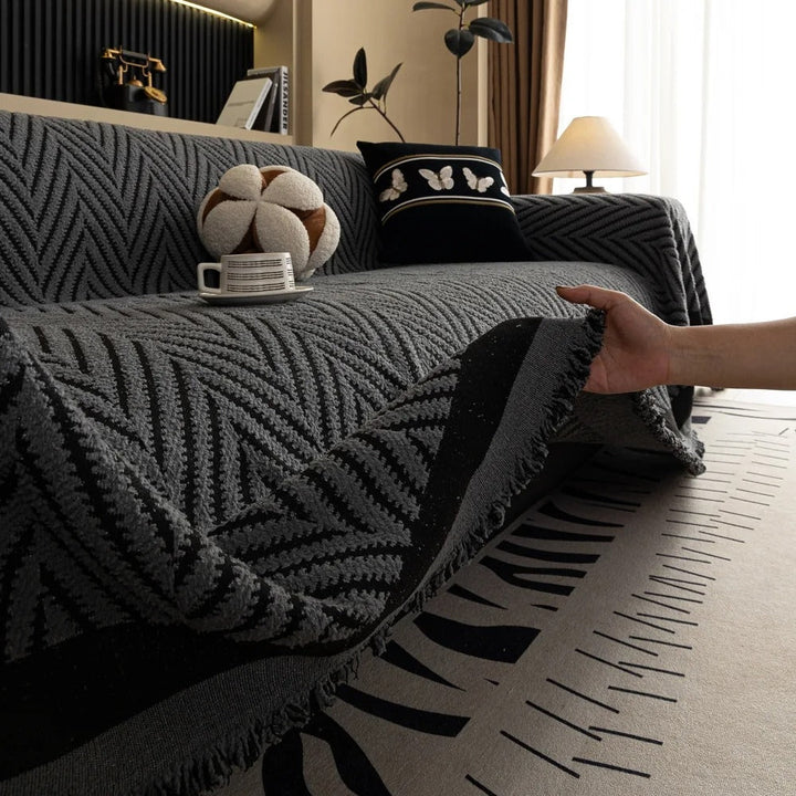 Herringbone Chevron Sofa Cover with Tassels, 71in Wide | Chevron Pattern and Tassels | Sofa Covers