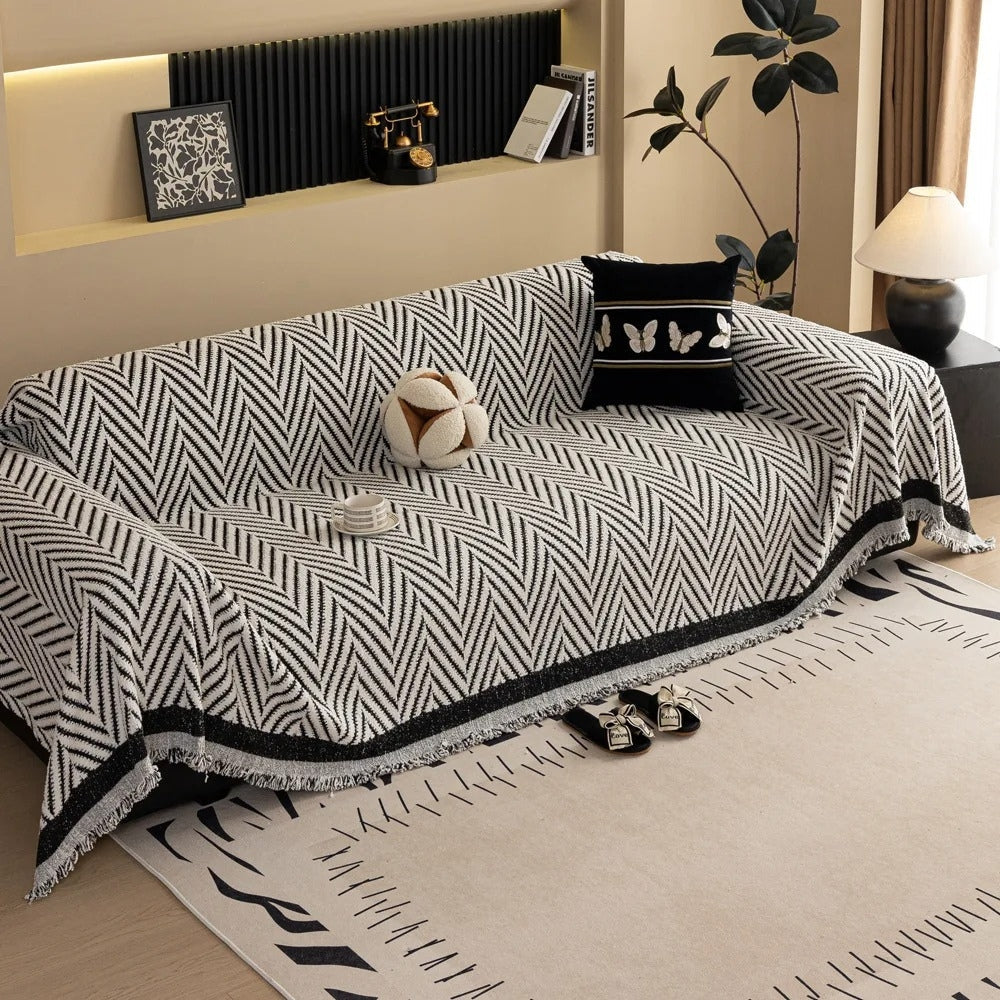 Herringbone Chevron Sofa Cover with Tassels, 71in Wide | Chevron Pattern and Tassels | Sofa Covers