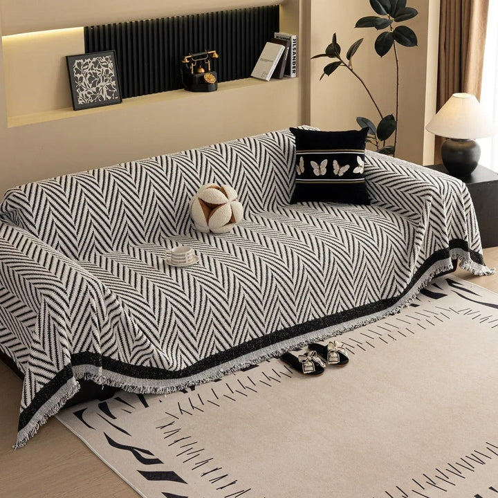 Herringbone Chevron Sofa Cover with Tassels, 71in Wide | Chevron Pattern and Tassels | Sofa Covers