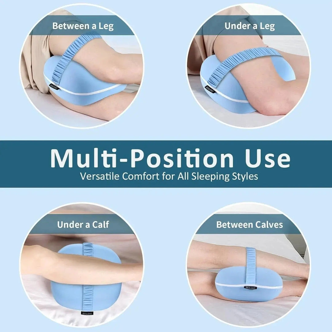 Slow-Rebound Memory Foam Knee Pillow with Cooling Ice-Silk Cover and Strap | Between-the-Knees Side Sleeper Pillow | Knee Pillows