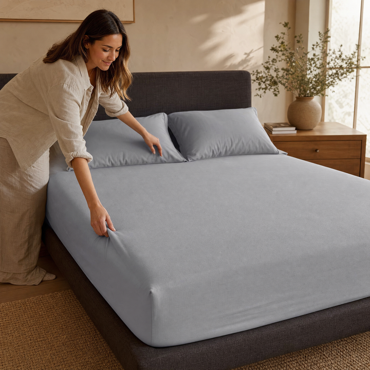 Deep Pocket Cotton Fitted Sheet with Non-Slip Corner Bands in Twin to King | Stays Drum-Tight on Deep Mattresses | Bedding Sets