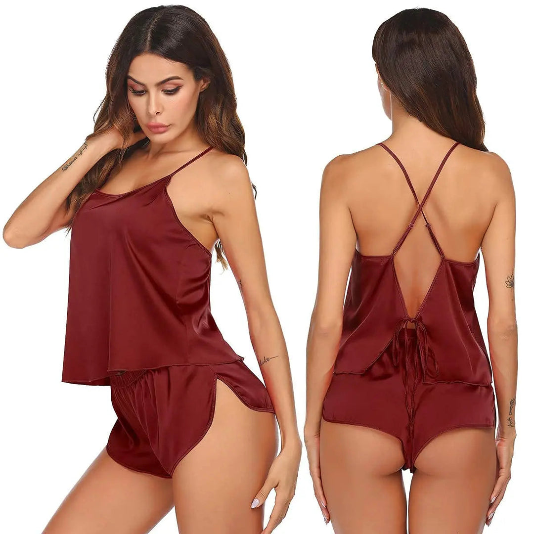 Satin Backless Cami Pajama Set with Open Back and Matching Shorts | Breezy Backless Satin Set | Pajama Sets