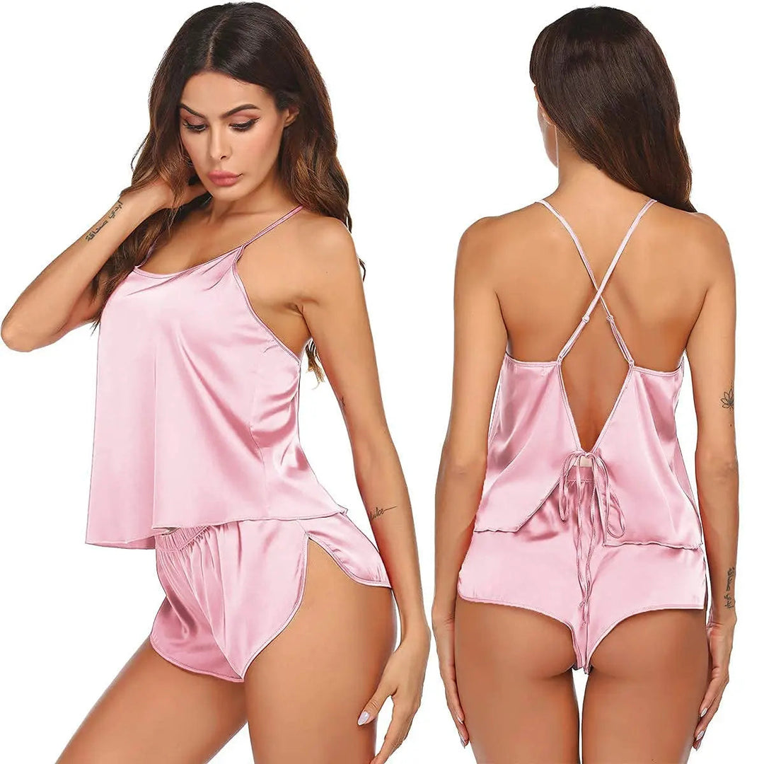 Satin Backless Cami Pajama Set with Open Back and Matching Shorts | Breezy Backless Satin Set | Pajama Sets