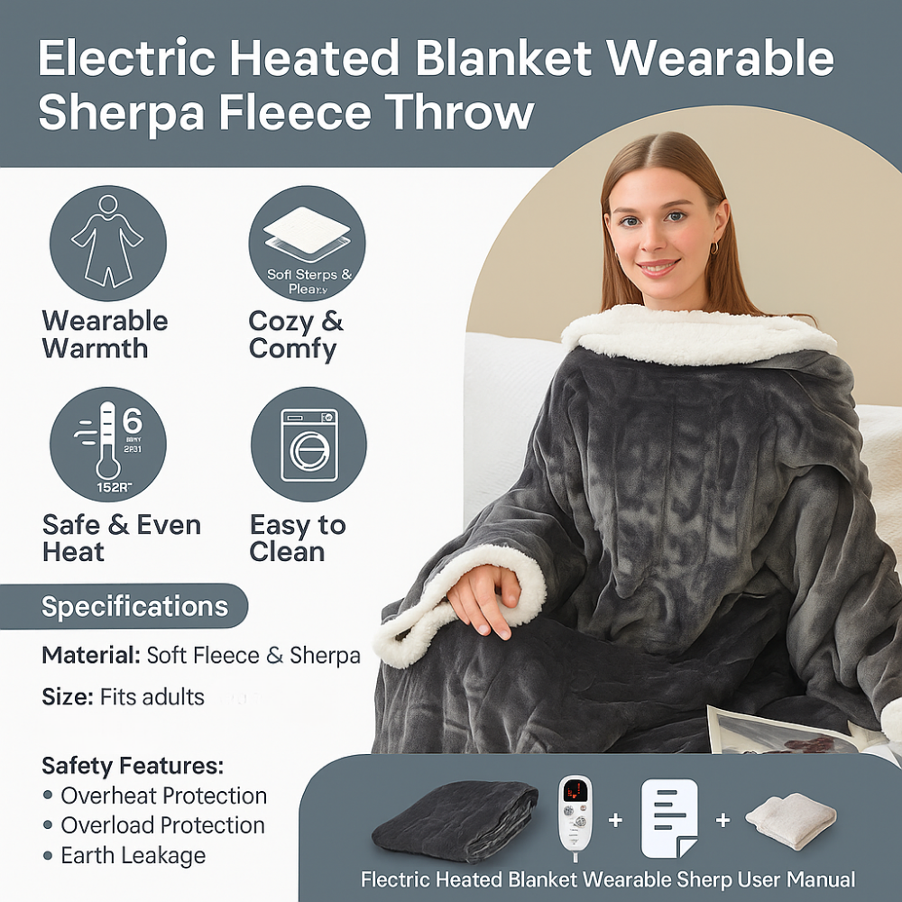 Wearable Electric Heated Blanket with Sherpa Sleeves and Foot Pockets | Heated Blanket That Follows You | Heated Blankets