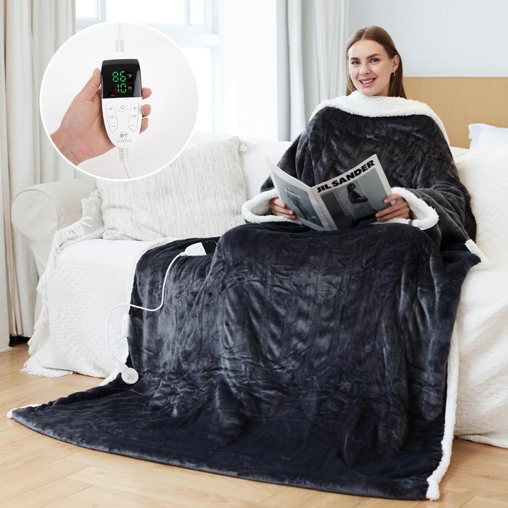 Wearable Electric Heated Blanket with Sherpa Sleeves and Foot Pockets | Heated Blanket That Follows You | Heated Blankets