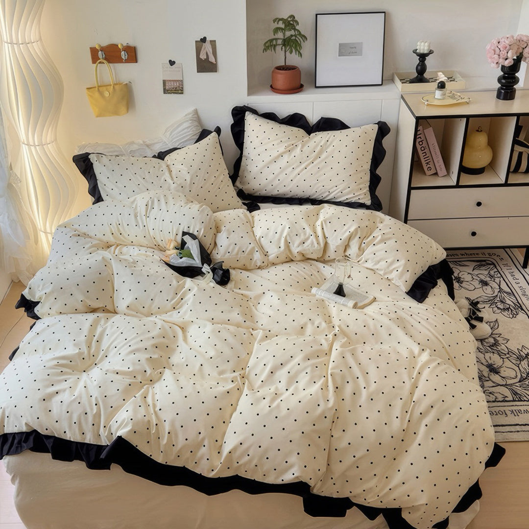 French Ruffled Polka Dot Duvet Cover Set in Cream and Black | Ruffled Edges, Black Polka Dots | Bedding Sets