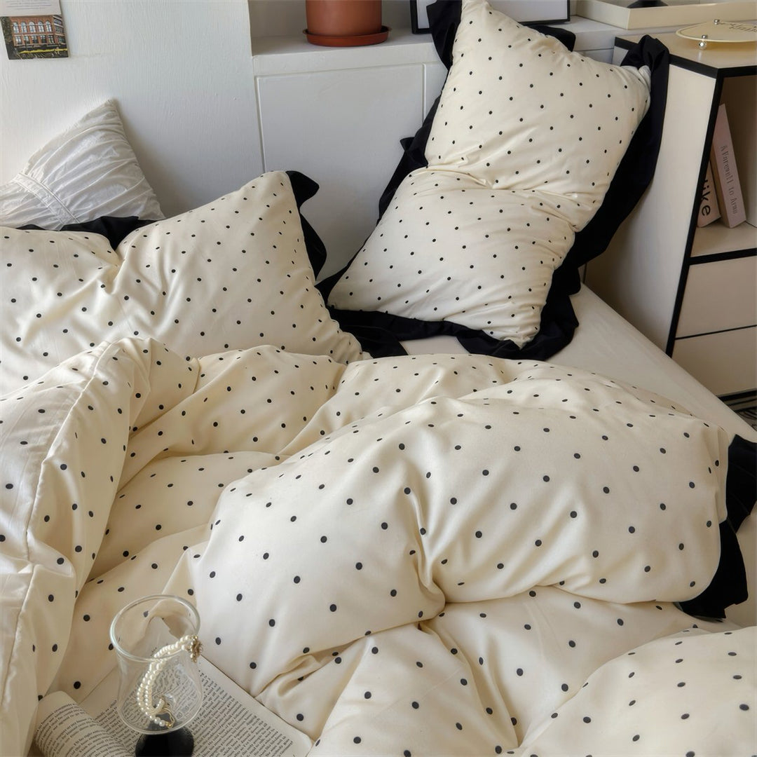 French Ruffled Polka Dot Duvet Cover Set in Cream and Black | Ruffled Edges, Black Polka Dots | Bedding Sets