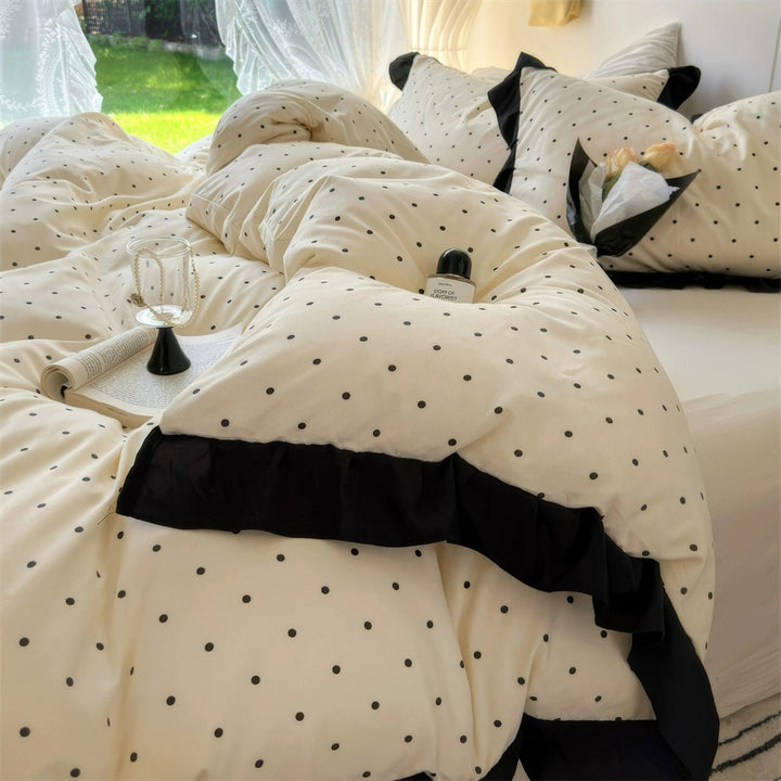 French Ruffled Polka Dot Duvet Cover Set in Cream and Black | Ruffled Edges, Black Polka Dots | Bedding Sets