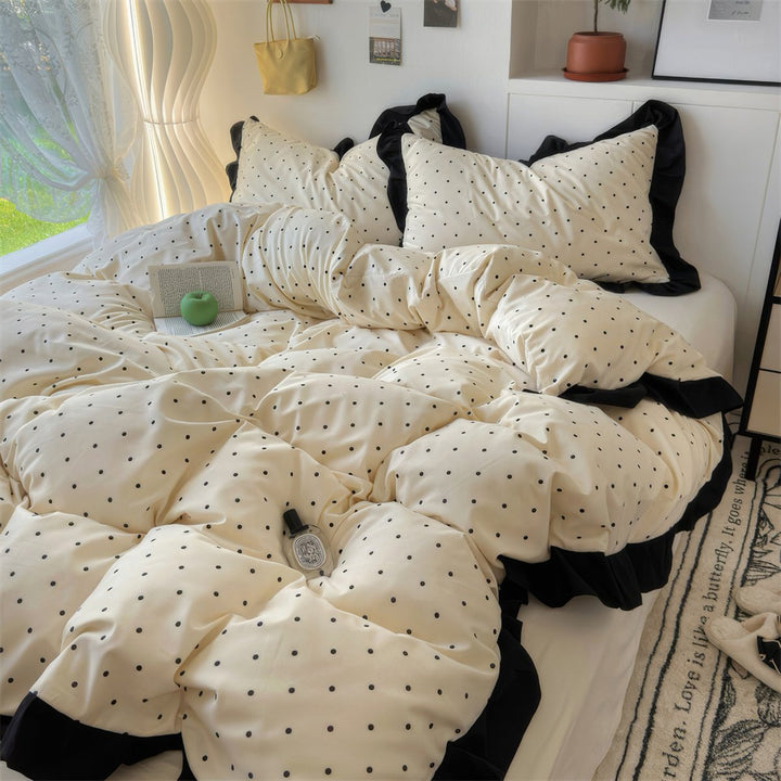 French Ruffled Polka Dot Duvet Cover Set in Cream and Black | Ruffled Edges, Black Polka Dots | Bedding Sets