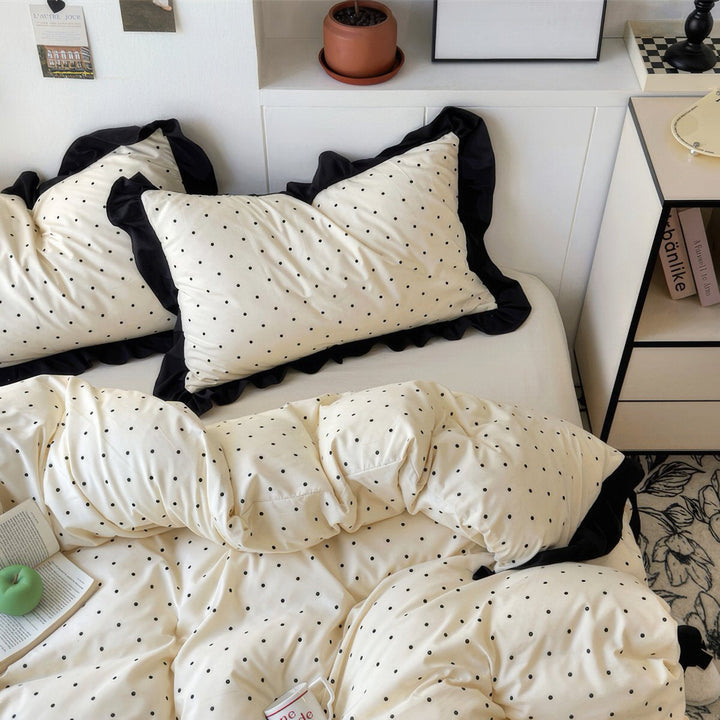 French Ruffled Polka Dot Duvet Cover Set in Cream and Black | Ruffled Edges, Black Polka Dots | Bedding Sets