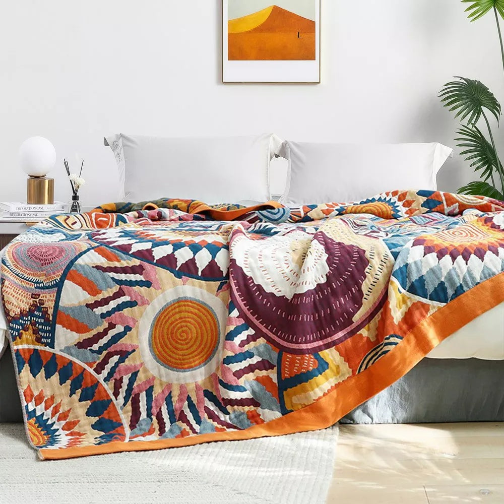 Nordic Sunburst Cotton Throw Blanket in Three Sizes up to 91 x 98 Inch | Sunburst Motif, Light Cotton Warmth | Throw Blankets