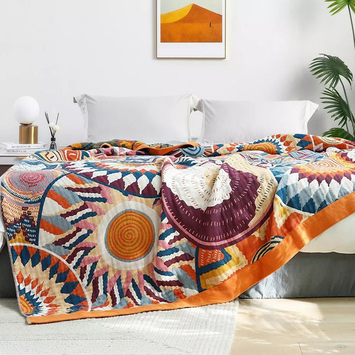 Nordic Sunburst Cotton Throw Blanket in Three Sizes up to 91 x 98 Inch | Sunburst Motif, Light Cotton Warmth | Throw Blankets