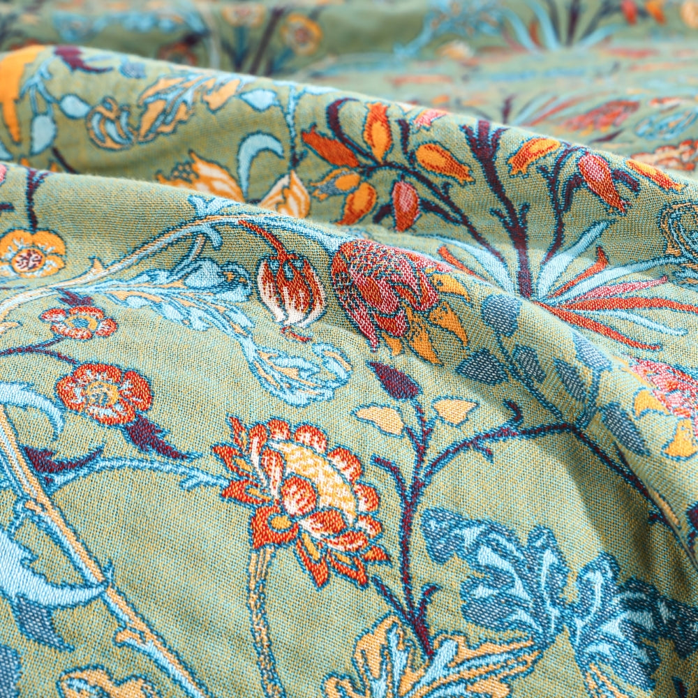 Reversible Floral Jacquard Cotton Bedspread Throw with Tassel Fringe | Heavyweight Floral Cotton Bedspread | Throw Blankets