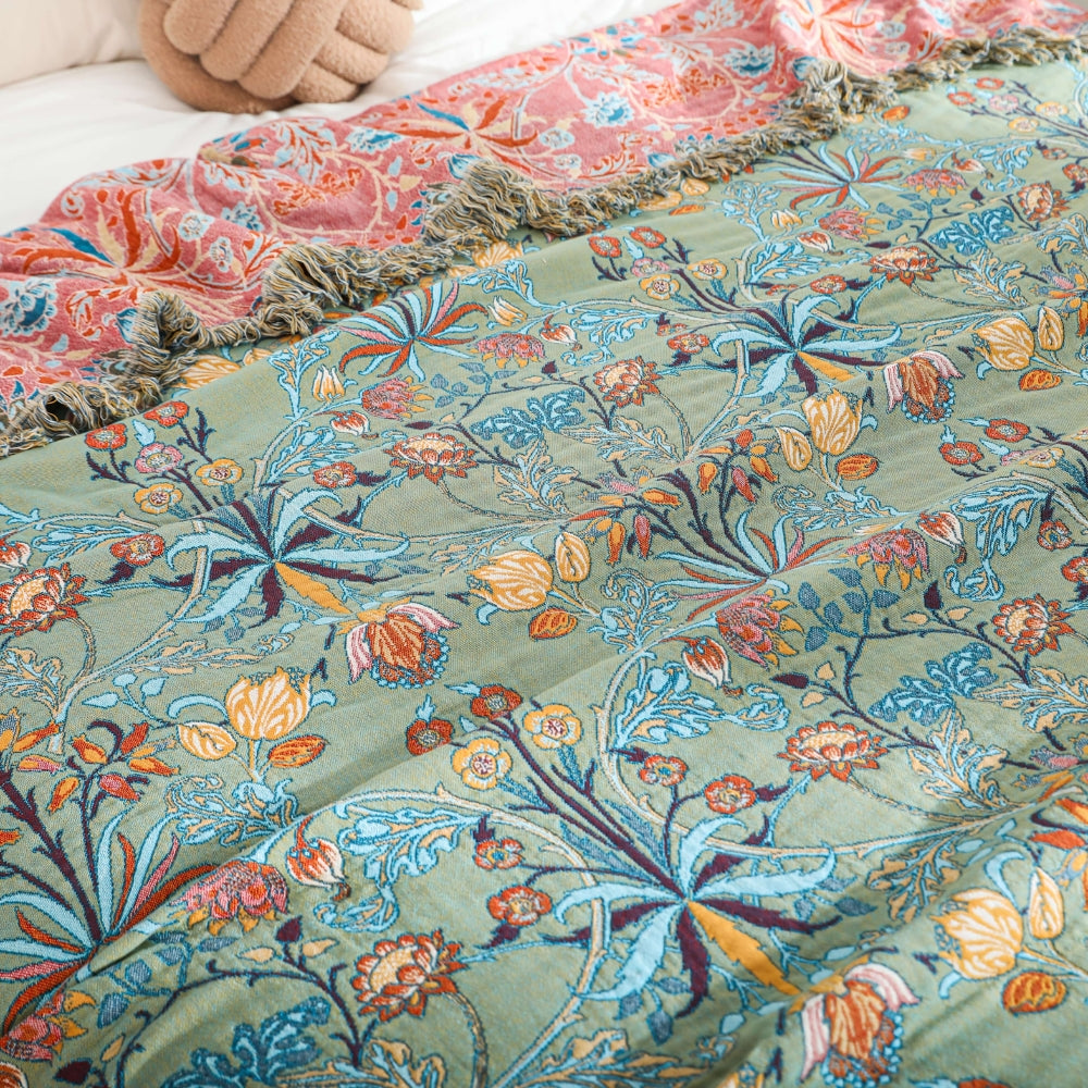 Reversible Floral Jacquard Cotton Bedspread Throw with Tassel Fringe | Heavyweight Floral Cotton Bedspread | Throw Blankets