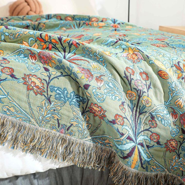 Reversible Floral Jacquard Cotton Bedspread Throw with Tassel Fringe | Heavyweight Floral Cotton Bedspread | Throw Blankets
