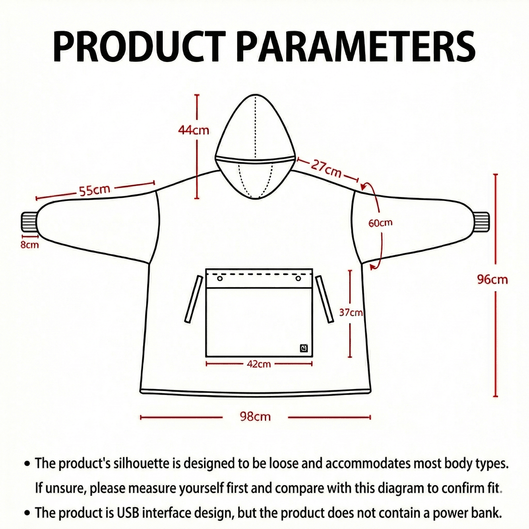 USB Heated Blanket Hoodie with 3 Heating Zones, Thick Flannel, Unisex | Heated Flannel Hoodie Blanket | Heated Blankets
