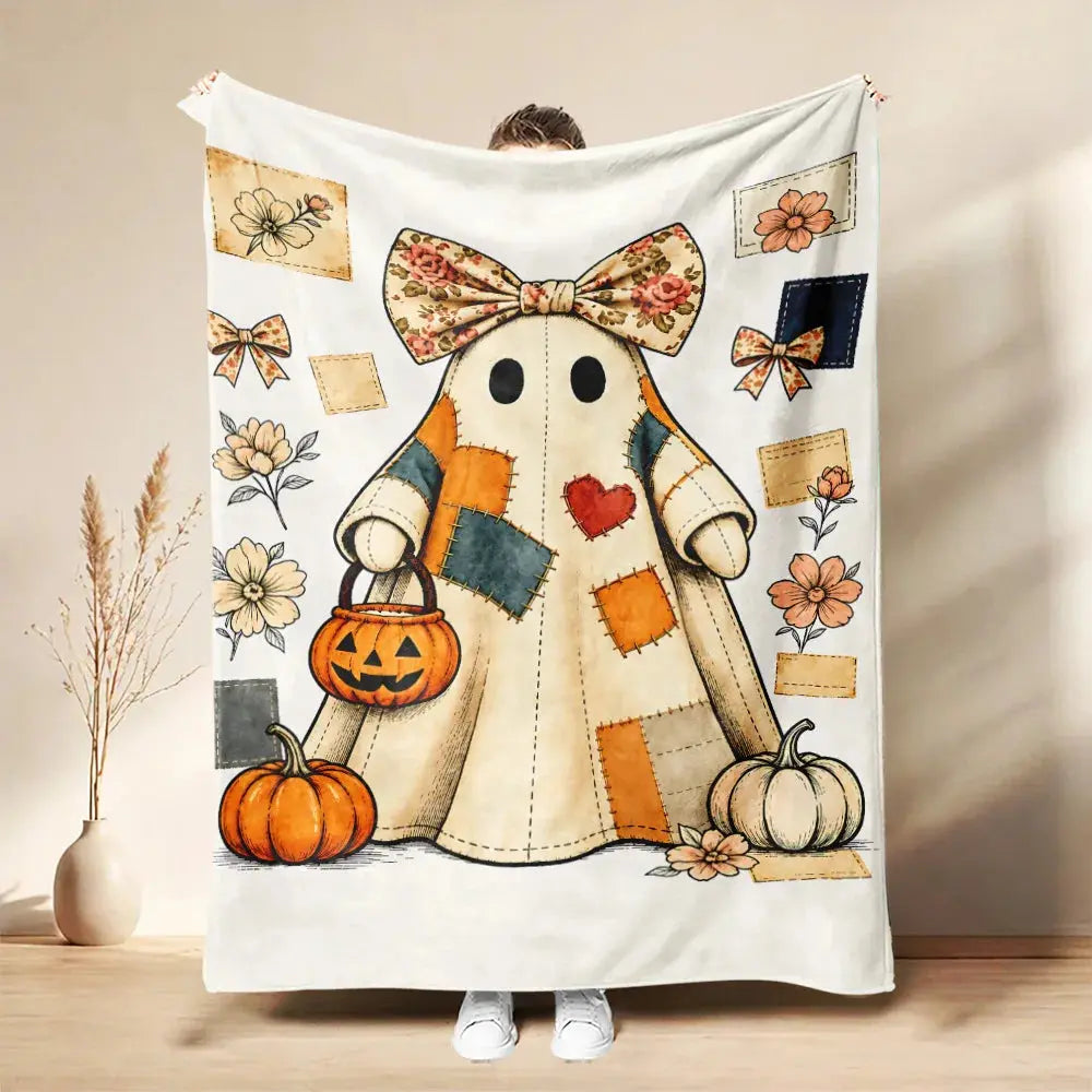 Patchwork Halloween Throw Blanket with Pumpkin and Ghost Print | Seasonal Style for Your Sofa | Throw Blankets