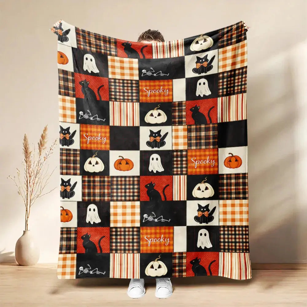 Patchwork Halloween Throw Blanket with Pumpkin and Ghost Print | Seasonal Style for Your Sofa | Throw Blankets